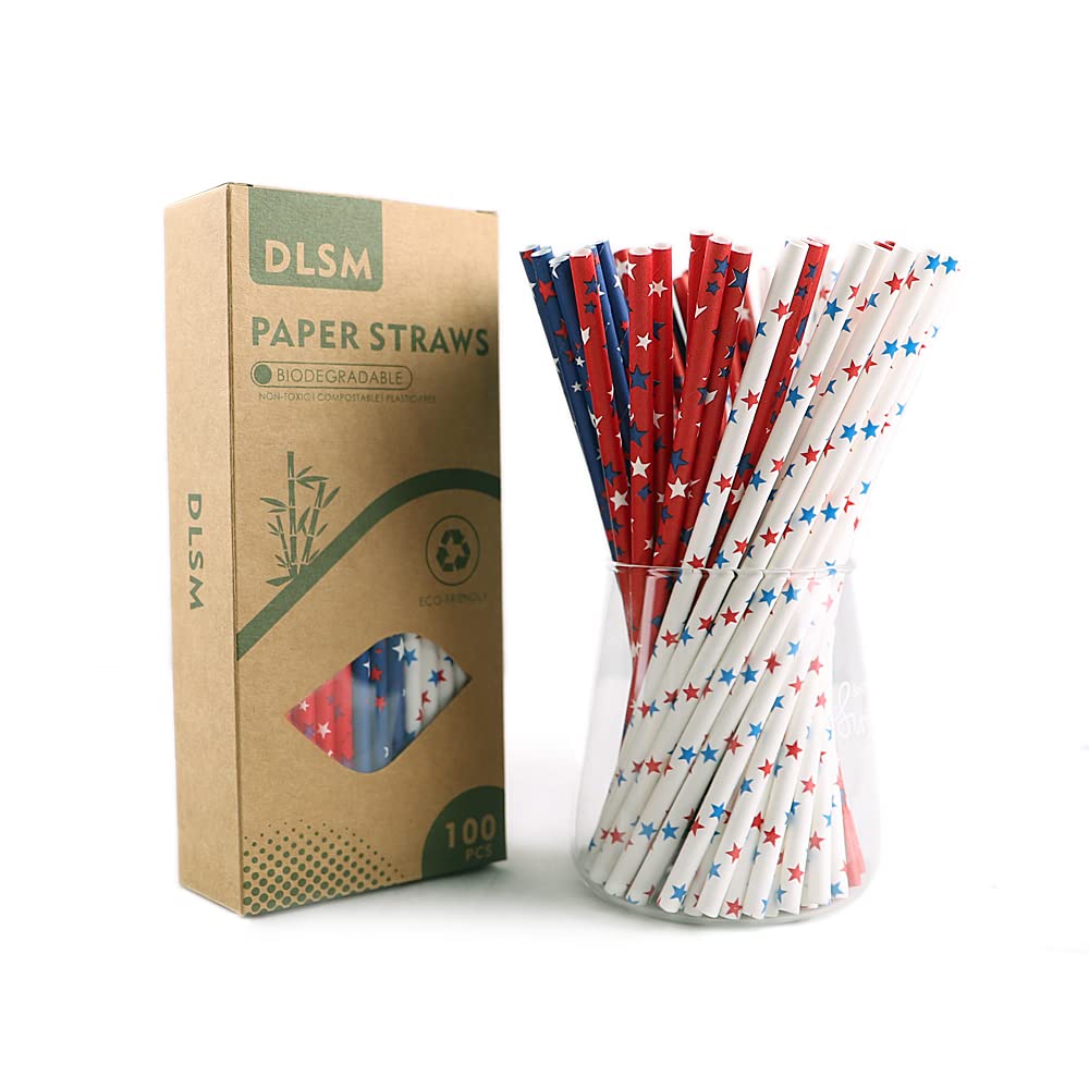 DLSM 200/100/400-Pack Extra Durable Biodegradable Paper Straws Premium Eco-Friendly with American Flag for Smoothies, Restaurants and Party Decorations, 7.75"