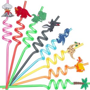 24pcs reusable dinosaur straws birthday decoration party favors, safari jungle plastic crazy straws dinosaur party supplies for kids boys girls