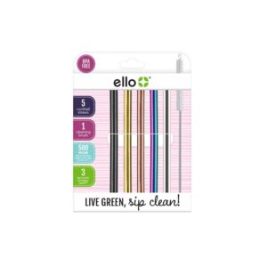 ello 5-pack stainless steel reusable cocktail straws with cleaning brush (metallic multicolor)