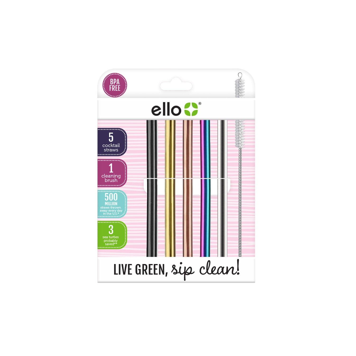 Ello 5-Pack Stainless Steel Reusable Cocktail Straws with Cleaning Brush (Metallic Multicolor)