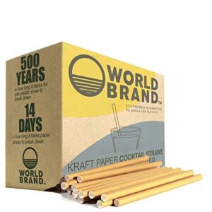 world brand 5x stronger 250 kraft cocktail paper straws - biodegradable drinking straws - eco-friendly - plastic & dye free - perfect for juices, shakes, smoothies, ice coffee & more