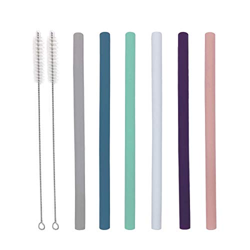 Senneny Set of 6 Silicone Drinking Straws for 30oz and 20oz - Reusable Silicone Straws BPA Free Extra Long with Cleaning Brushes- 6 Straight- 8mm diameter