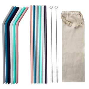 12 pcs reusable silicone straws, 10 inch extra long silicone drinking straws for 30 oz and 20 oz tumblers, multicolor straw with 2 cleaning brushes and 1 bag (6 straight + 6 bent)