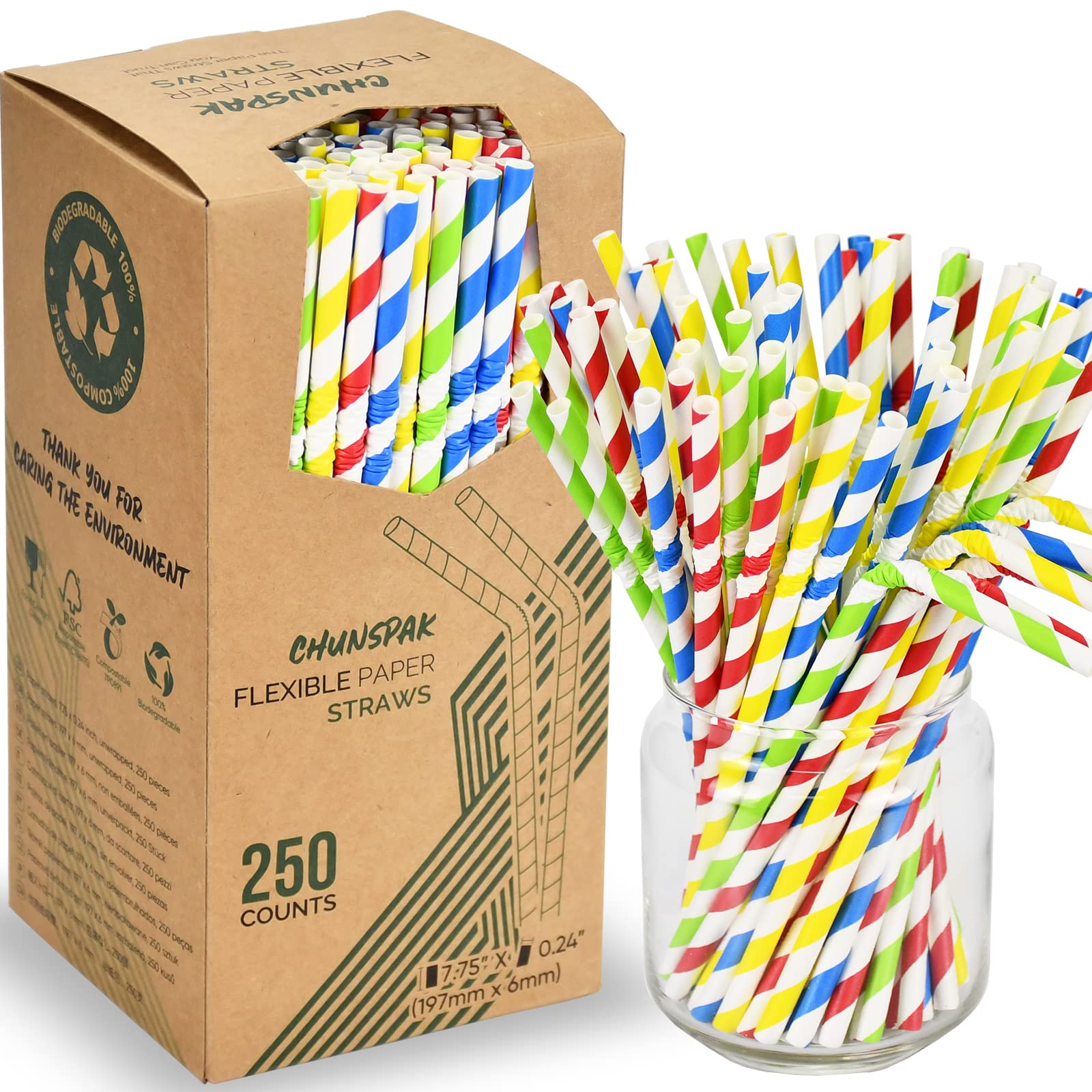 Flexible Paper Drinking Straws, 250 Count, 7.75" Long, 0.24" diameter - 100% Biodegradable - Assorted Striped Colors