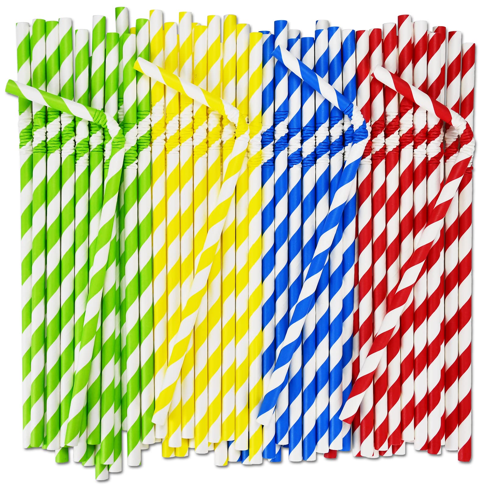 Flexible Paper Drinking Straws, 250 Count, 7.75" Long, 0.24" diameter - 100% Biodegradable - Assorted Striped Colors