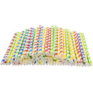 Flexible Paper Drinking Straws, 250 Count, 7.75" Long, 0.24" diameter - 100% Biodegradable - Assorted Striped Colors