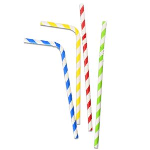 Flexible Paper Drinking Straws, 250 Count, 7.75" Long, 0.24" diameter - 100% Biodegradable - Assorted Striped Colors