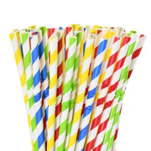 Flexible Paper Drinking Straws, 250 Count, 7.75" Long, 0.24" diameter - 100% Biodegradable - Assorted Striped Colors