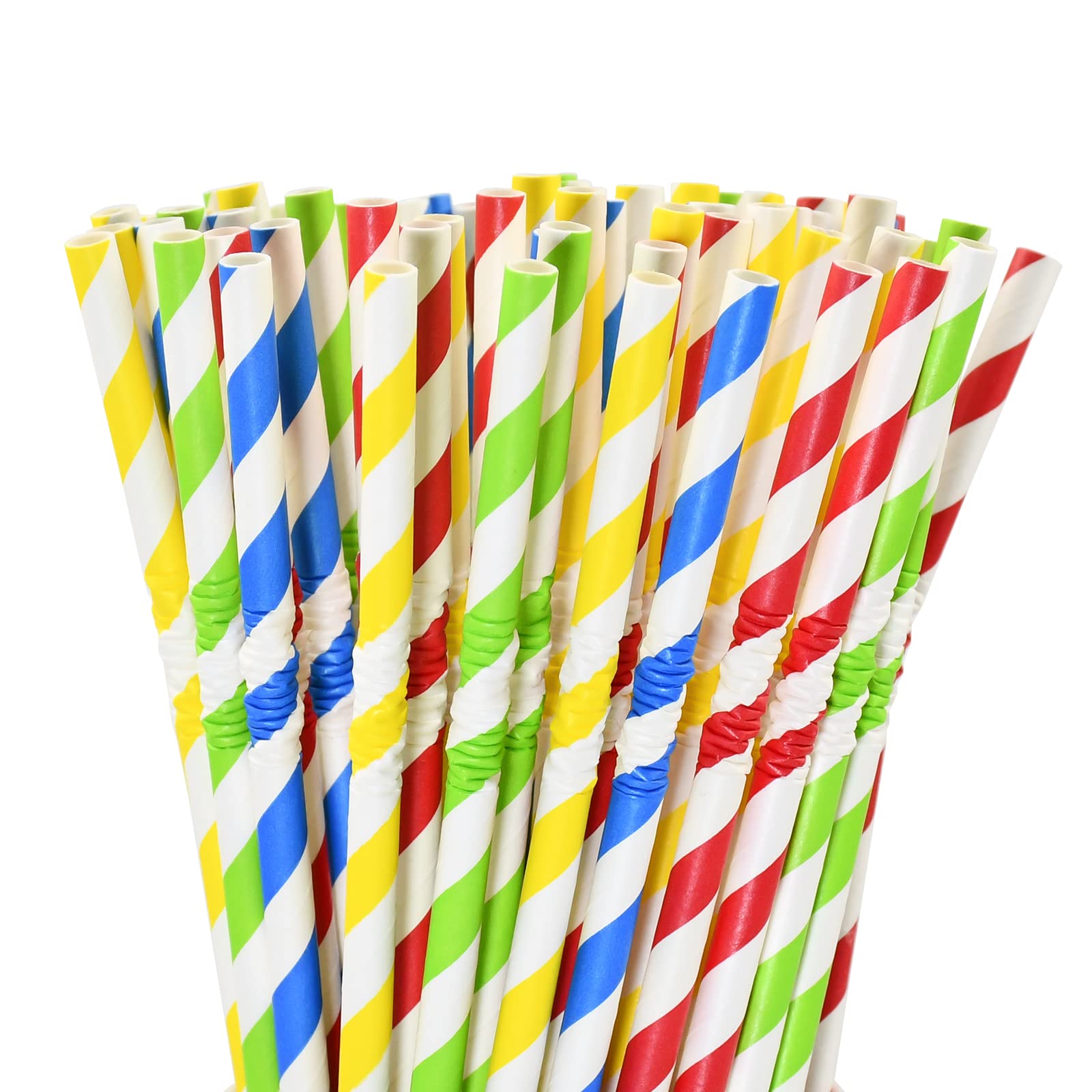 Flexible Paper Drinking Straws, 250 Count, 7.75" Long, 0.24" diameter - 100% Biodegradable - Assorted Striped Colors