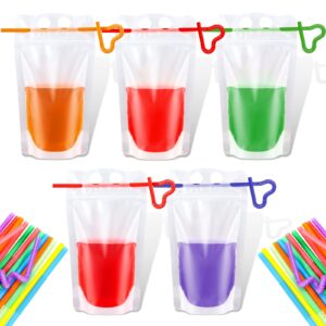 300 pieces drink pouches adult with straws set, heavy duty hand held translucent reclosable plastic smoothie bags disposable wine juice pouches for cold hot drinks, 400 - 500 ml
