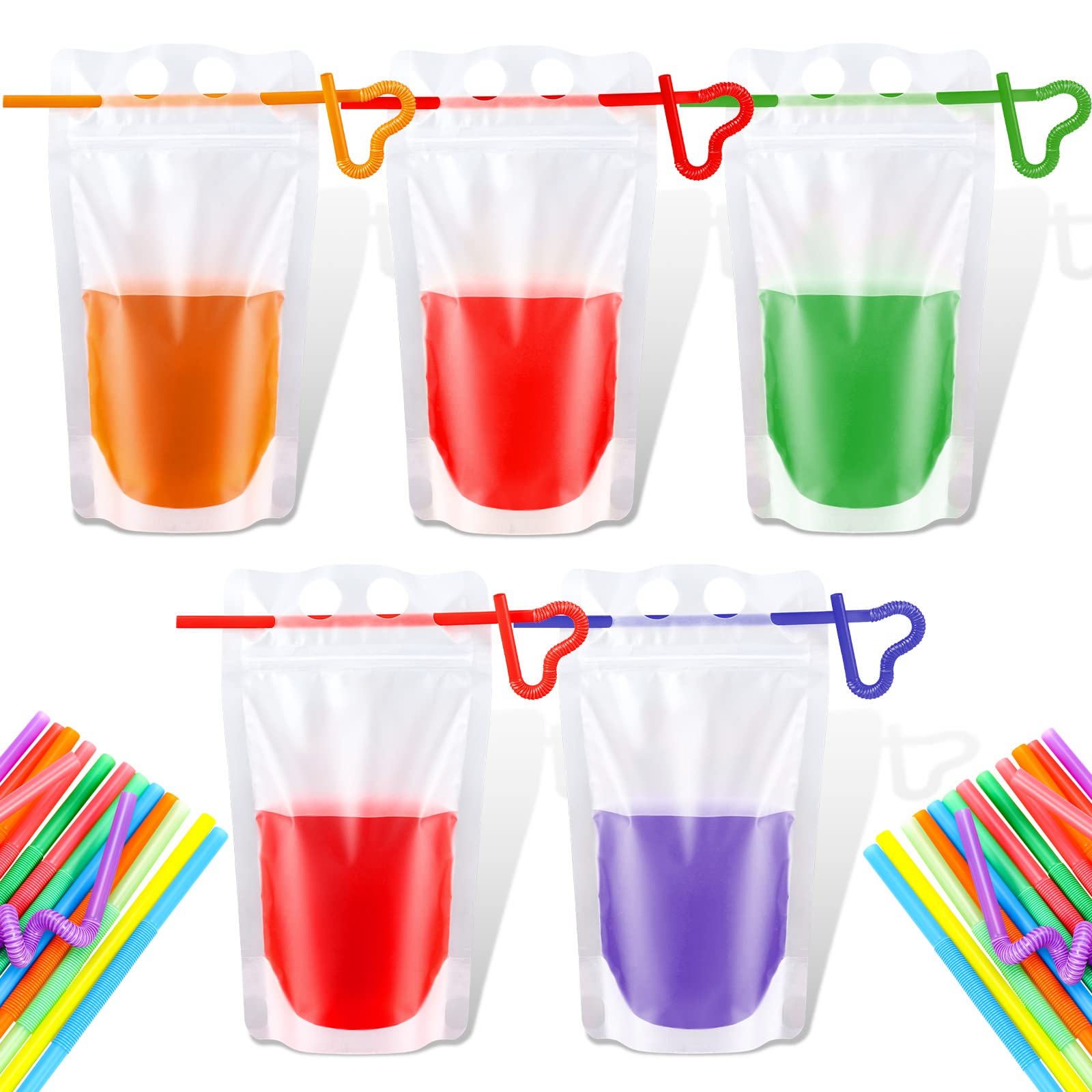 300 Pieces Drink Pouches Adult with Straws Set, Heavy Duty Hand Held Translucent Reclosable Plastic Smoothie Bags Disposable Wine Juice Pouches for Cold Hot Drinks, 400 - 500 ml