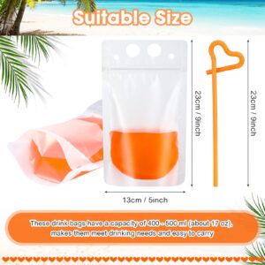 300 Pieces Drink Pouches Adult with Straws Set, Heavy Duty Hand Held Translucent Reclosable Plastic Smoothie Bags Disposable Wine Juice Pouches for Cold Hot Drinks, 400 - 500 ml