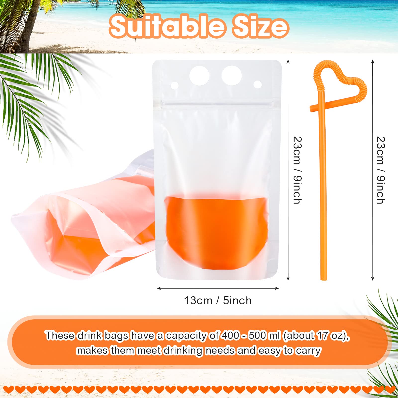 300 Pieces Drink Pouches Adult with Straws Set, Heavy Duty Hand Held Translucent Reclosable Plastic Smoothie Bags Disposable Wine Juice Pouches for Cold Hot Drinks, 400 - 500 ml