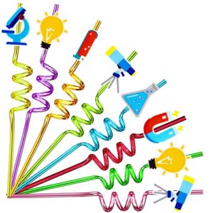 24pcs science theme shaped straws reusable plastic, drink cocktail straws with cartoon decorations kids mad scientist party supplies birthday party favors