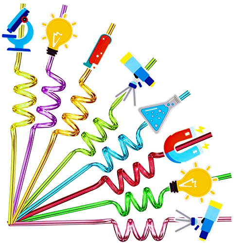 24pcs Science Theme Shaped Straws Reusable Plastic, Drink Cocktail Straws with Cartoon Decorations Kids Mad Scientist Party Supplies Birthday Party Favors