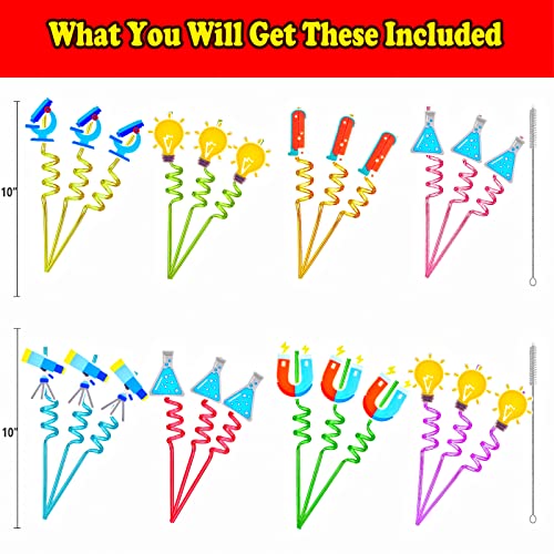 24pcs Science Theme Shaped Straws Reusable Plastic, Drink Cocktail Straws with Cartoon Decorations Kids Mad Scientist Party Supplies Birthday Party Favors