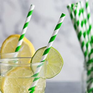 100 Pack Green And White Paper Drinking Straws, 7.75 Inches Green Striped Drinking Straw Cake Pop Stick