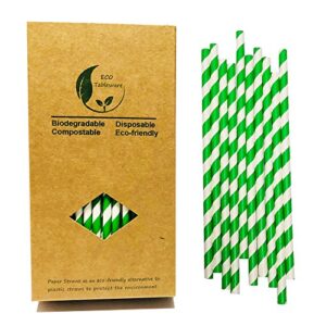 100 pack green and white paper drinking straws, 7.75 inches green striped drinking straw cake pop stick
