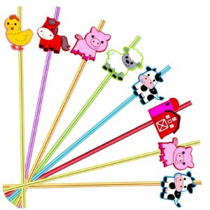 24pcs reusable farm animals party favor plastic straws kids drink cocktail straws chicken sheep horse cow pig farm birthday party supplies with 2 cleaning brushes 6 colors