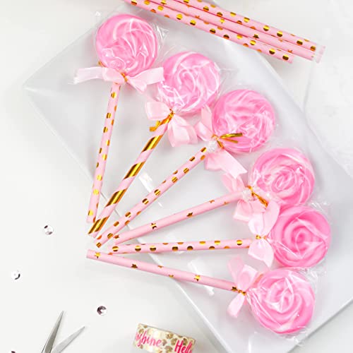 KEDON Pink Gold Paper Straws 100, Disposable Cake Pop Sticks Metallic Gold Striped Star Decorative Pink Straws for Drinking Cocktail Bachelorette Wedding Crafts Baby Bridal Shower Gender Reveal