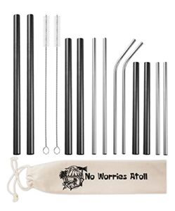 no worries atoll reusable metal stainless steel straw set of 12 short 6” cocktail 8.5” smoothie and 10.5” tumbler drinking straws black and silver home bar backyard essentials