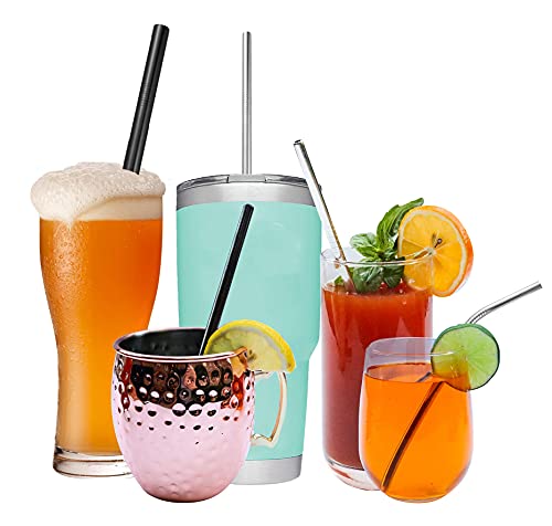 No Worries Atoll Reusable Metal Stainless Steel Straw Set of 12 Short 6” Cocktail 8.5” Smoothie and 10.5” Tumbler Drinking Straws Black and Silver Home Bar Backyard Essentials