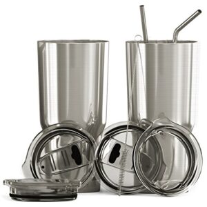 bluepeak double wall vacuum stainless steel insulated tumblers set, 2-pack - includes 2 sipping lids, 2 spill-proof sliding lids, 2 straws, 1 cleaning brush & gift box (30 oz, silver)