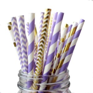 ipalmay purple and gold biodegradable drinking paper straws, striped polka dot chevron, 7.75 inches, pack of 150