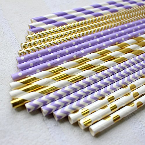 IPALMAY Purple and Gold Biodegradable Drinking Paper Straws, Striped Polka Dot Chevron, 7.75 Inches, Pack of 150