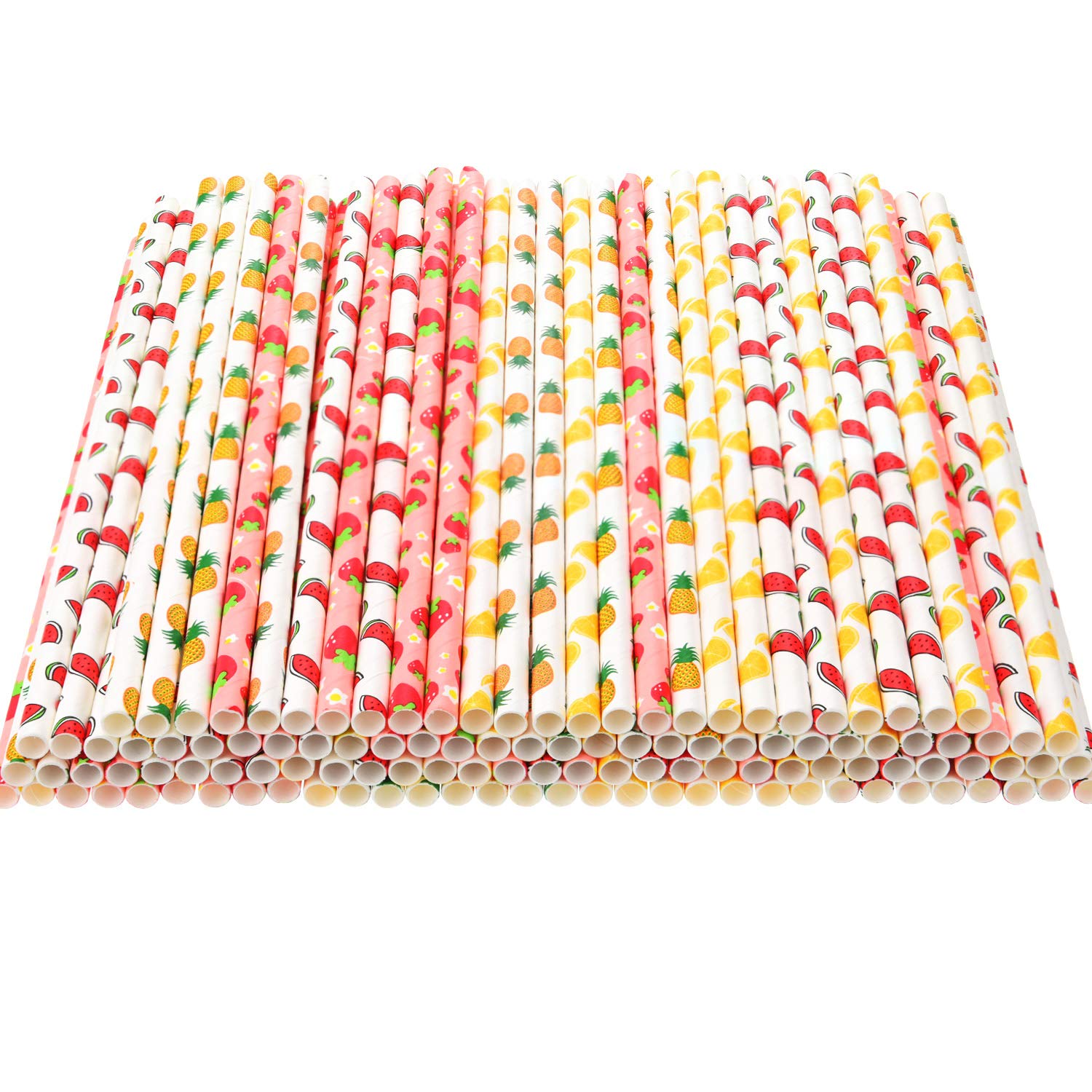 200 Pieces Paper Straws Fruit Pattern Drinking Straws Strawberry Pineapple Orange Paper Straws 7.75 Inches Hawaiian Party Drinking Straws for Cocktail Summer Birthday Luau Party Supplies