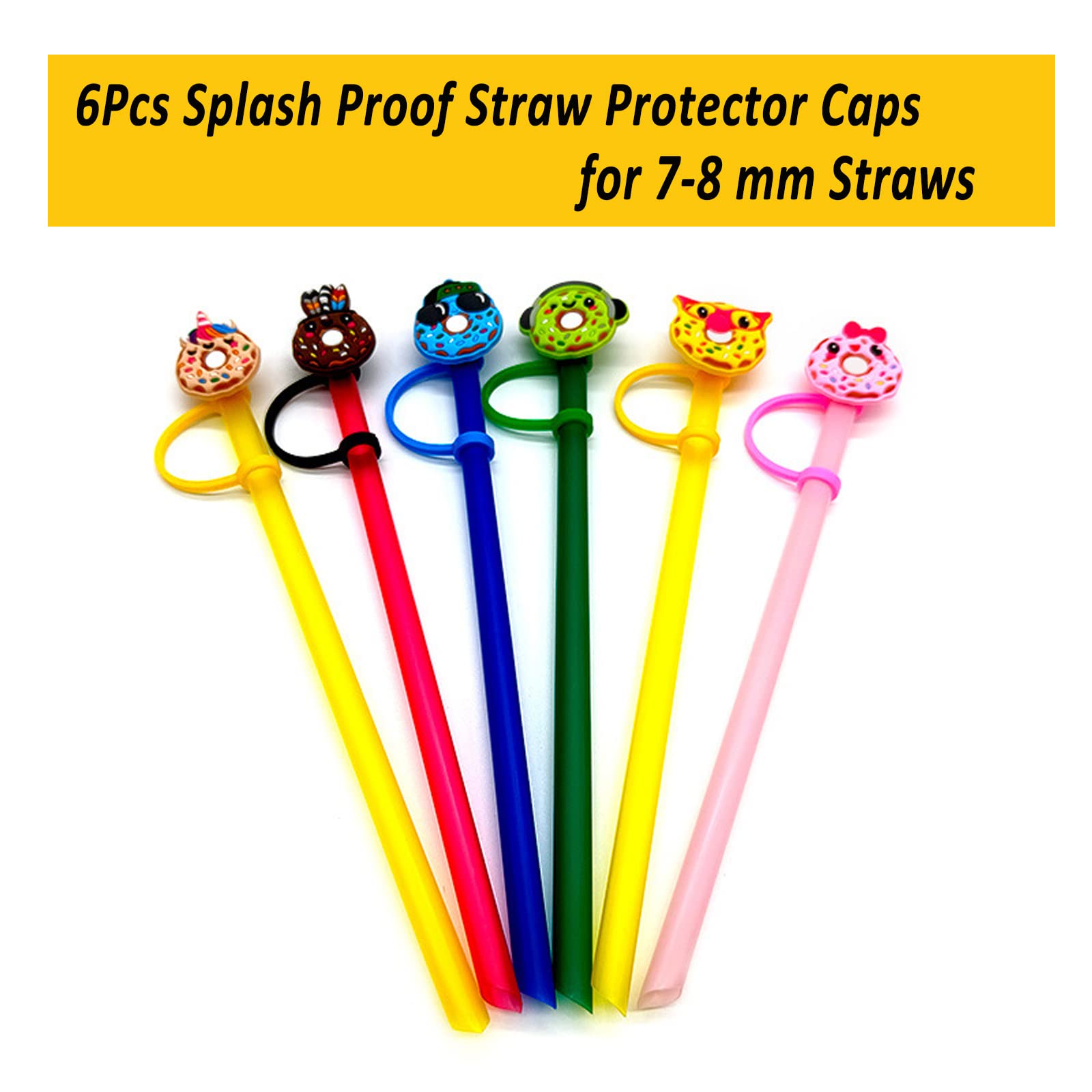 Silicone Straw Plug, 6Pcs Silicone Straw Lid, Reusable Drinking Straw Tips, Splash Proof Straw Protector Caps, Straw Covers for 7-8 mm Straws (Mixed Pattern)