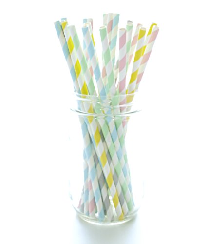 Pastel Straws, 25 Pack - Easter Striped Straws, Spring Tall Drinking Straws, Party Paper Straws - Pastel Striped Straws