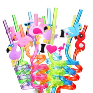 reusable flamingo straws for birthday party supplies | party favors,luau hawaiian pool party with 2 cleaning brush (24+2)