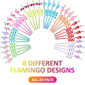 Reusable Flamingo Straws for Birthday Party Supplies | Party Favors,Luau Hawaiian Pool Party with 2 Cleaning Brush (24+2)