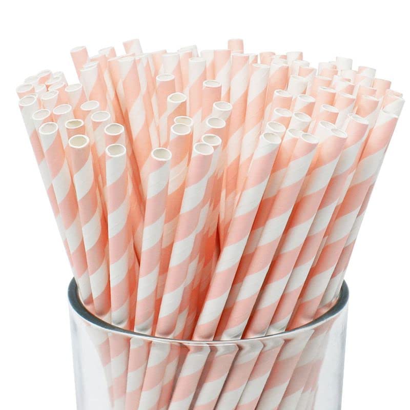 Light Pink Striped Paper Straws, Candy Pink and White Cake Pop Straws For Baby Shower Wedding Birthday Decoration Drinking Straws, White,Pink, 6*197mm