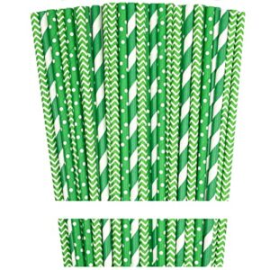 Green and White Paper Straws - Stripe Chevron Polka Dot - Birthday Christmas St Patrick's Day Supply - 100 Pack Outside the Box Papers