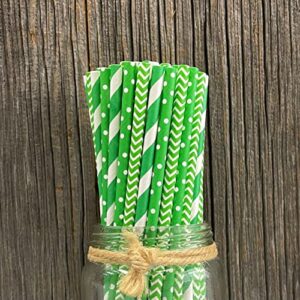 Green and White Paper Straws - Stripe Chevron Polka Dot - Birthday Christmas St Patrick's Day Supply - 100 Pack Outside the Box Papers