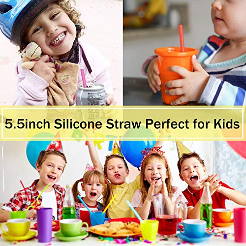 14 Pcs Reusable Silicone Straws 5.5" Mini Small Short Pipe Kids Straw for Baby Toddlers/Children Take & Toss/Tumbler, Chewy, Safe Smoothies Drinking Straw with 2 Cleaning Brushes