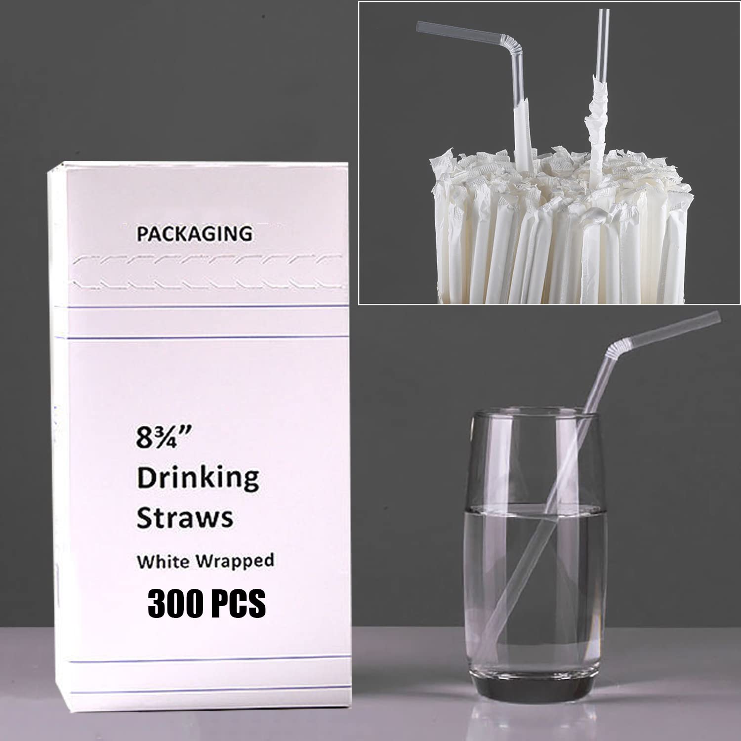 [300 Pack] Individually Wrapped Disposable Plastic Flexible Drinking Straws Clear Bendy Straws BPA Free - 8.25" x 0.23"