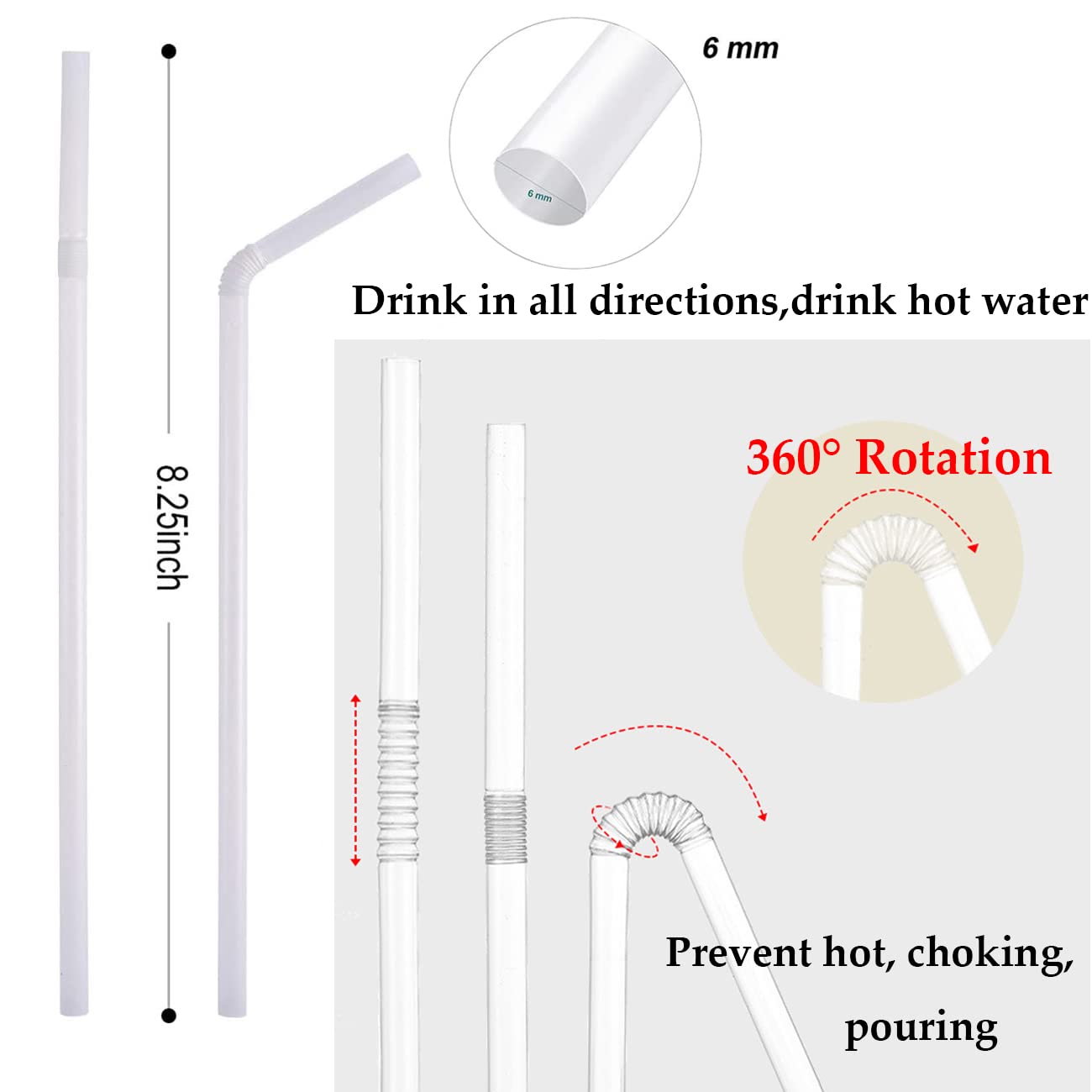 [300 Pack] Individually Wrapped Disposable Plastic Flexible Drinking Straws Clear Bendy Straws BPA Free - 8.25" x 0.23"