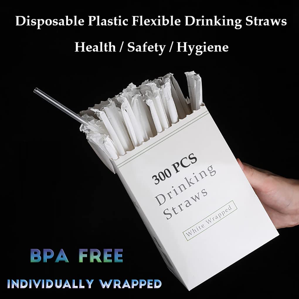 [300 Pack] Individually Wrapped Disposable Plastic Flexible Drinking Straws Clear Bendy Straws BPA Free - 8.25" x 0.23"