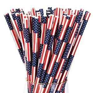 alink red white blue patriotic paper straws, 100 american flag design straws for memorial day /4th of july, super bowl, usa themed party