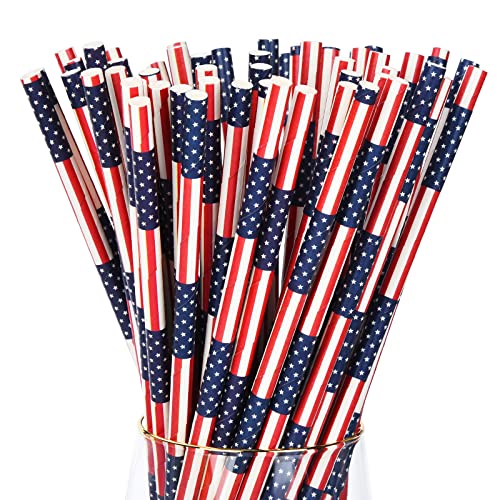 ALINK Red White Blue Patriotic Paper Straws, 100 American Flag Design Straws for Memorial Day /4th of July, Super Bowl, USA Themed Party