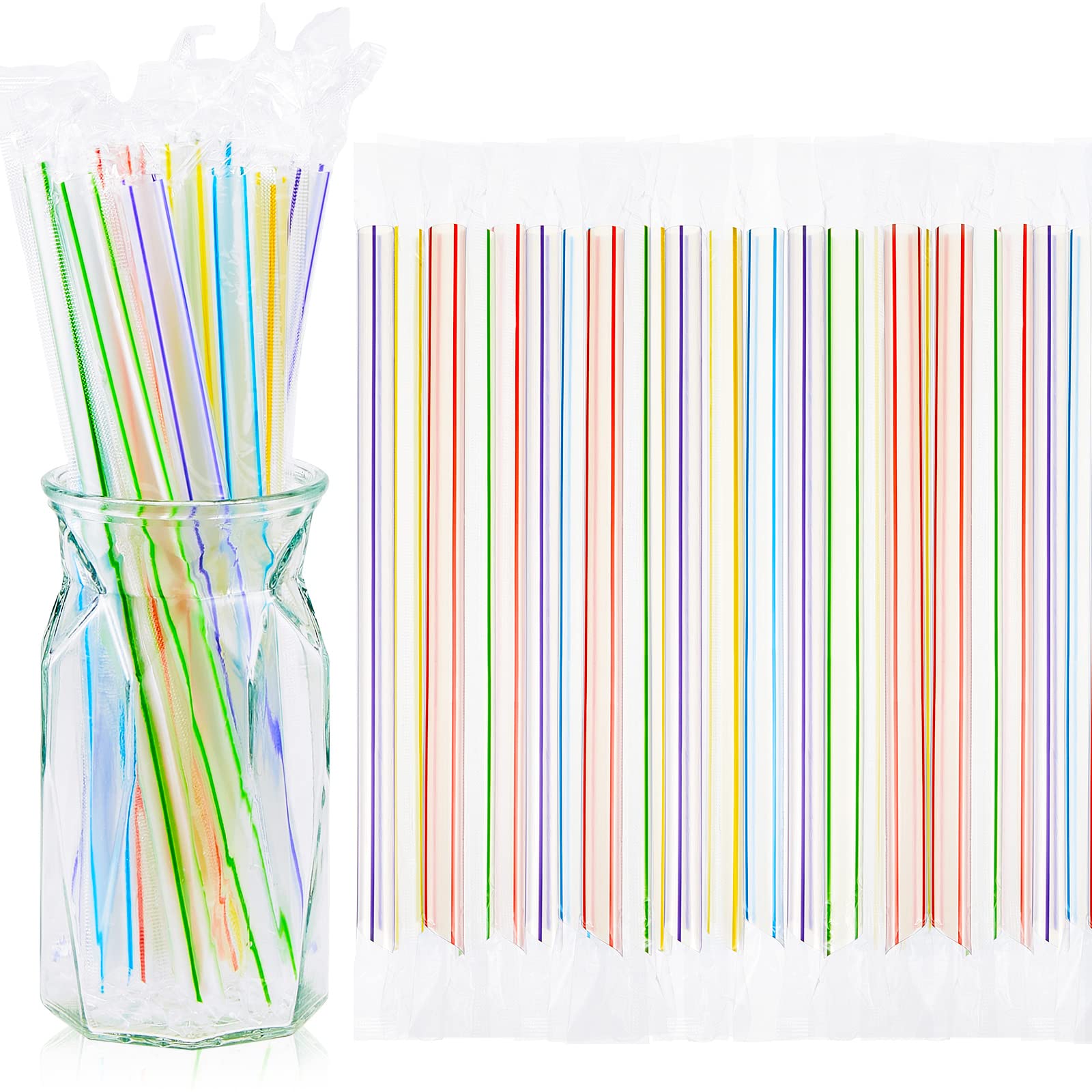 300 Pcs Jumbo Boba Straws Large Smoothie Straws Individually Wrapped Bubble Tea Striped Straws 9.06 Inches Extra Wide Plastic Milkshake Straws Disposable Drinking Straws with Pointed End for Drinks