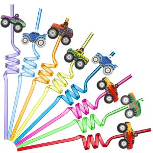 24 pcs truck themed straws 6 styles crazy straws reusable colorful twisty plastic drinking straws truck birthday party race car party supplies baby shower favors for kids boys