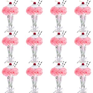 50's soda shop party decor, artificial silk carnation picks set include white pink carnation flowers and lifelike cherries with paper straws for diy rock and roll, containor wasn't included (116 pcs)