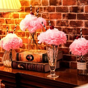 50's Soda Shop Party Decor, Artificial Silk Carnation Picks Set Include White Pink Carnation Flowers and Lifelike Cherries with Paper Straws for DIY Rock and Roll, Containor Wasn't Included (116 Pcs)