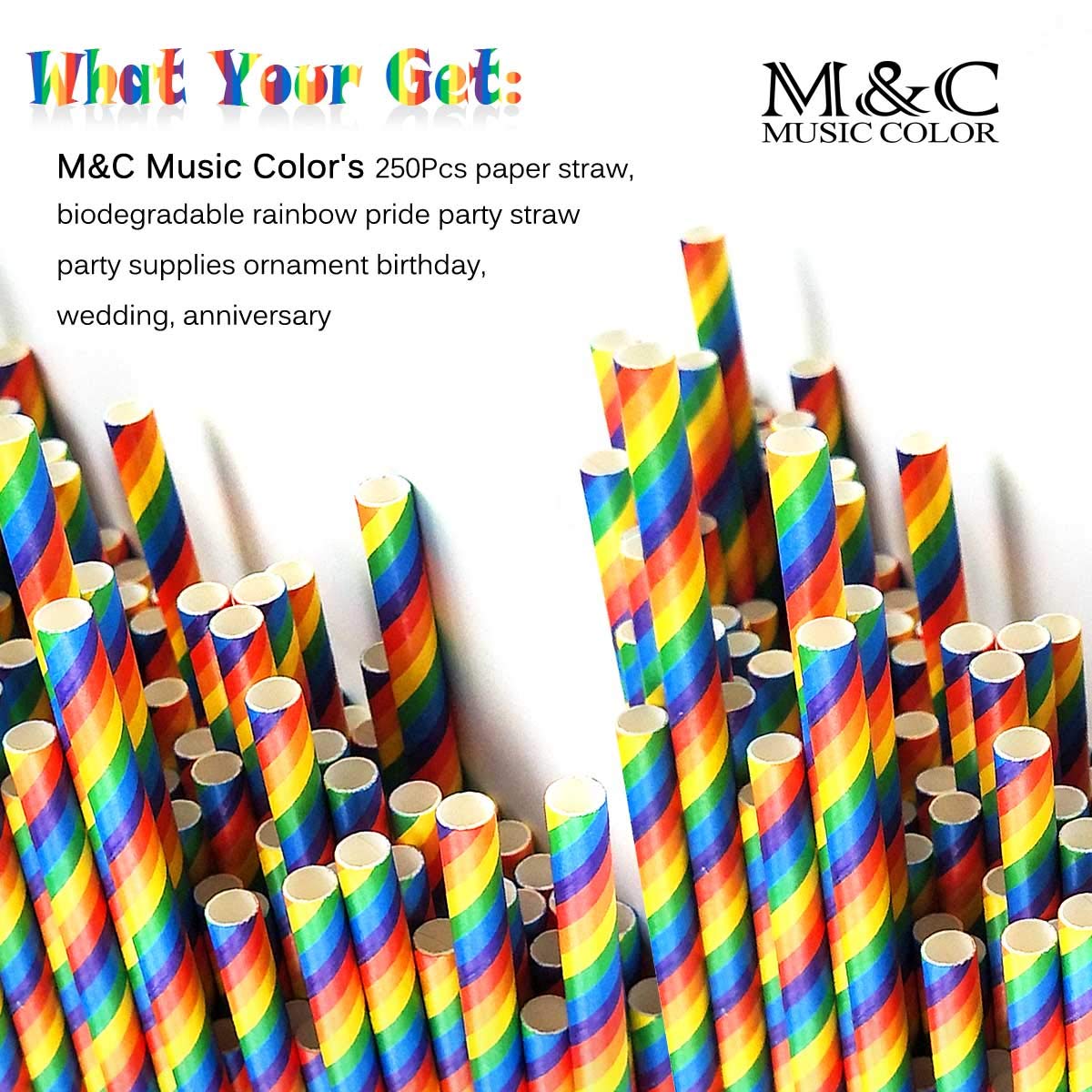 250Pcs Rainbow Paper Straws,Biodegradable Straws Pride Party Drinking Straws, Colorful Straws for Party Supplies Decorations Birthday Wedding Anniversary Christmas - Practical & Eco-Friendly