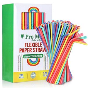 pro mael 200-pack paper drinking straws biodegradable, flexible straws bulk for juices, shakes, smoothies - disposable& eco-friendly straw for birthdays, weddings & party (5 colors)