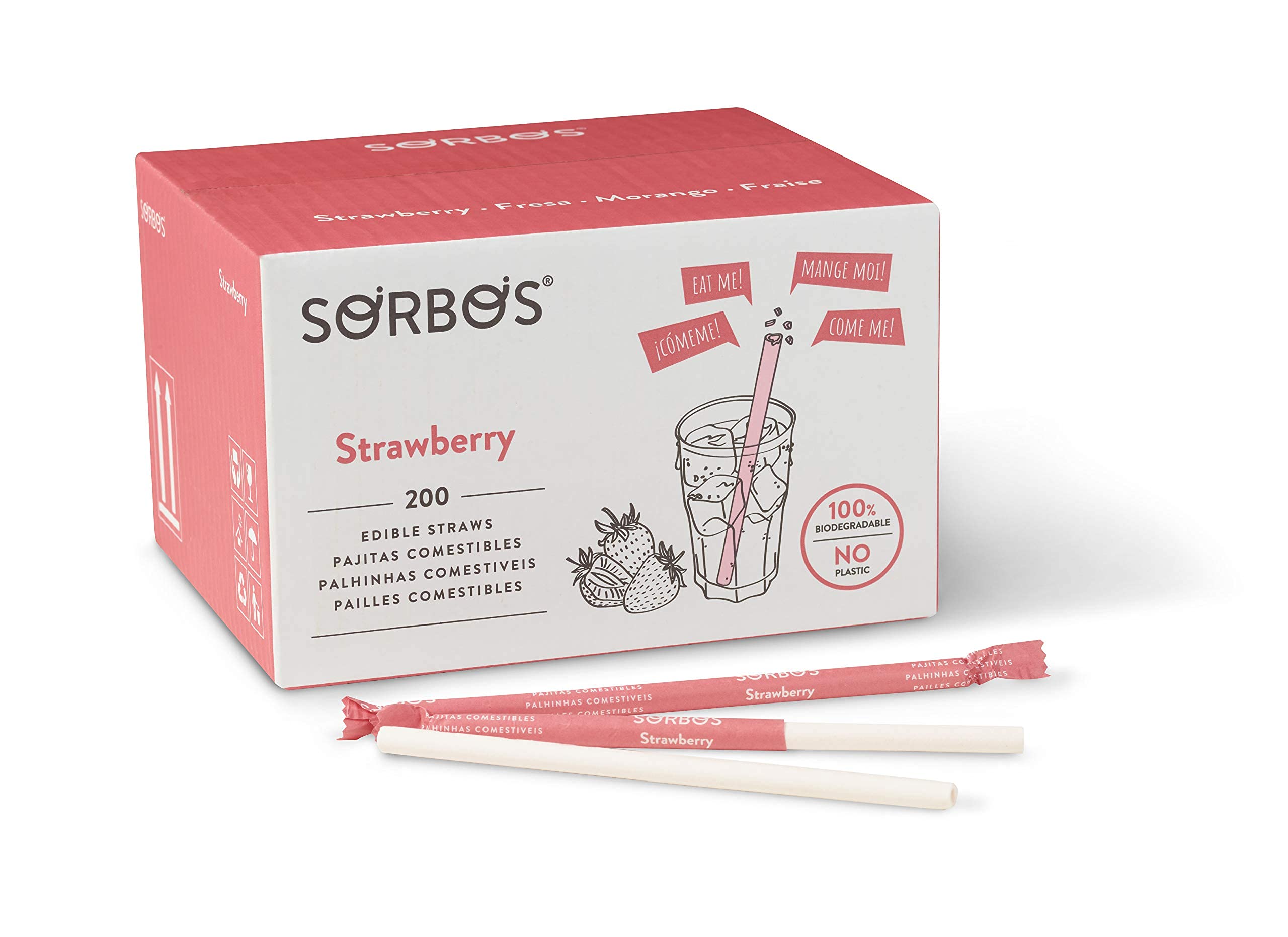 Sorbos Edible Straws, Strawberry Flavored, Sustainable, Individually Packaged, No Plastic, No Allergens, No Gluten, No PFAS, 100 Percent Biodegradable, 7.4 inches long (Pack of 200)